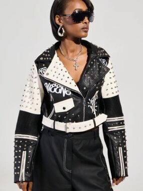 Red Fox Studded Black & White Leather Moto Jacket Size Small